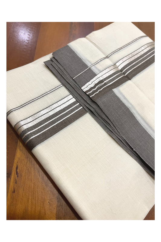 Pure Cotton 100x100 Double Mundu with Silver Kasavu and Brown Border (Onam Mundu 2023)