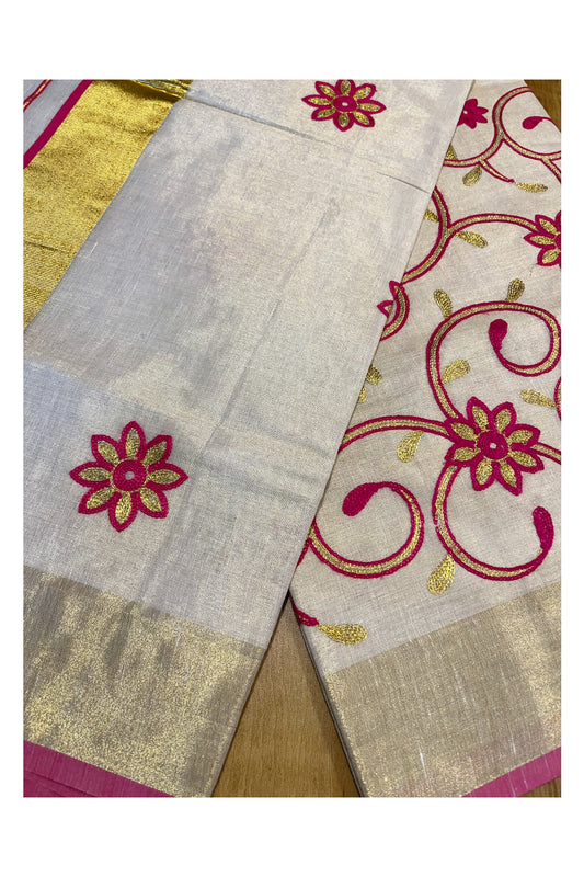 Kerala Tissue Kasavu Saree With Pink and Golden Floral Embroidery Works