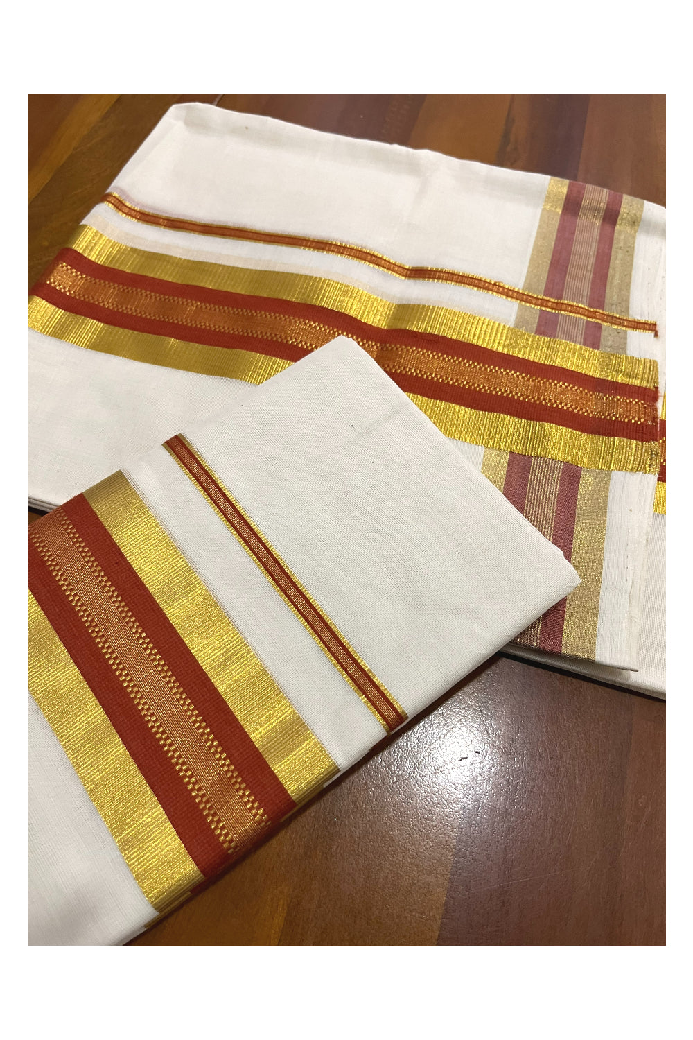 Pure Cotton Handloom Premium Kasavu Set Mundu (Mundum Neriyathum) with Orange and Kasavu Border