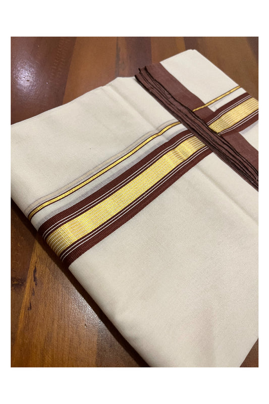 Southloom Premium Balaramapuram Unakkupaavu Handloom Mundu with Brown and Kasavu Border (South Indian Kerala Dhoti)