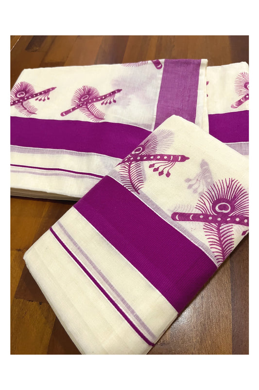 Kerala Cotton Mundum Neriyathum Single (Set Mundu) with Magenta Feather and Flute Block Prints on Border 2.80 Mtrs