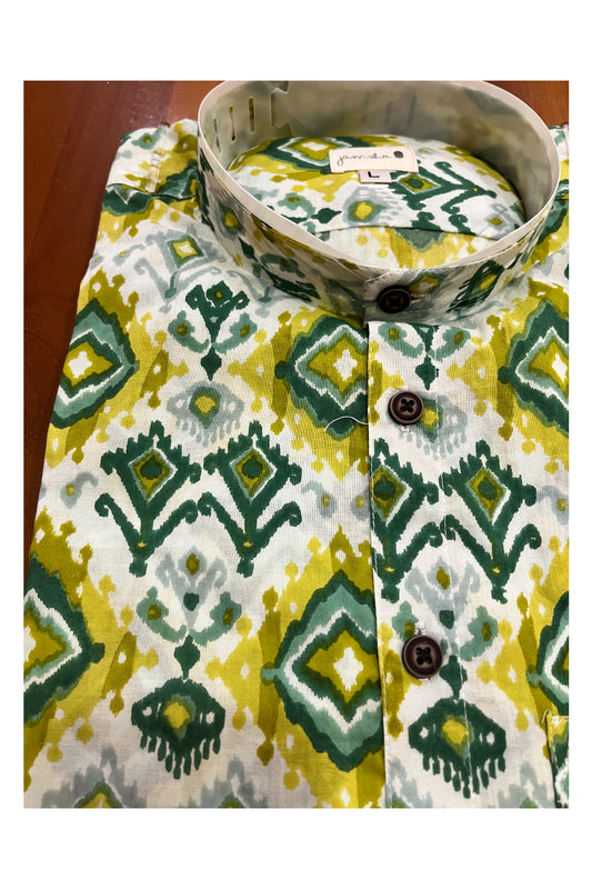 Southloom Jaipur Cotton Green Hand Block Printed Mandarin Collar Shirt (Full Sleeves)