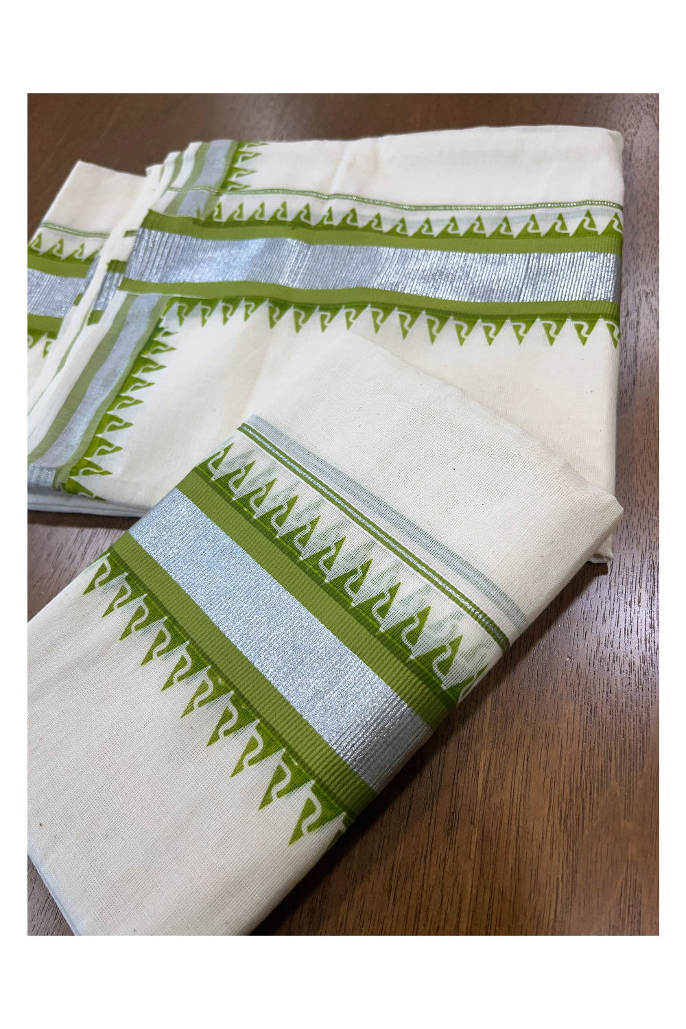 Cotton Single Set Mundu (Mundu Neriyathum) with Green Temple Block Prints and Silver Kasavu Border