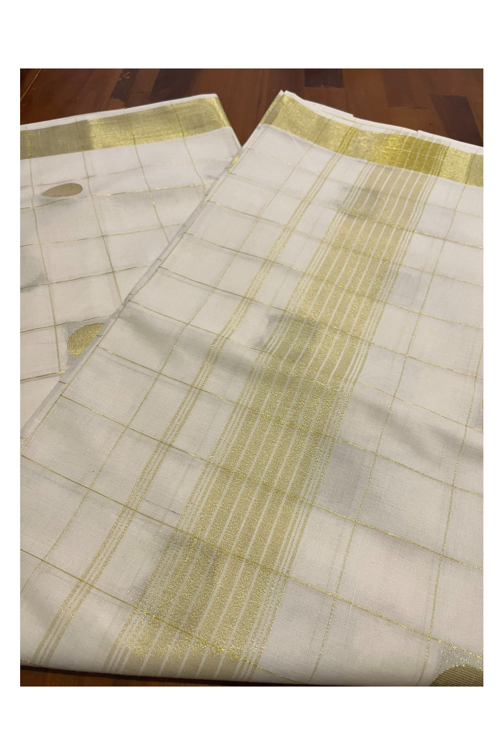 Pure Cotton Kerala Saree with Kasavu Check Designs and Polka Works Across Body (Onam Saree 2023)