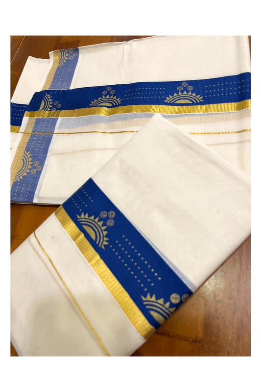 Kerala Pure Cotton Single Set Mundu (Mundum Neriyathum) with Block Prints on Blue and Kasav Border