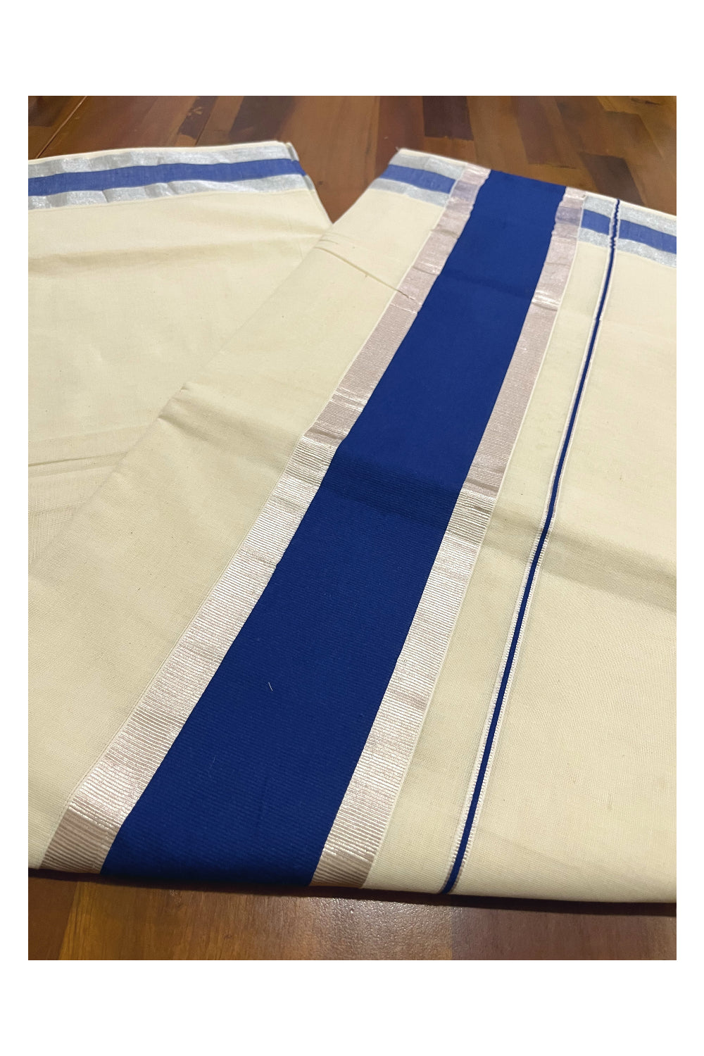 Pure Cotton Kerala Saree with Blue and Silver Kasavu Border (Onam 2023 Saree)