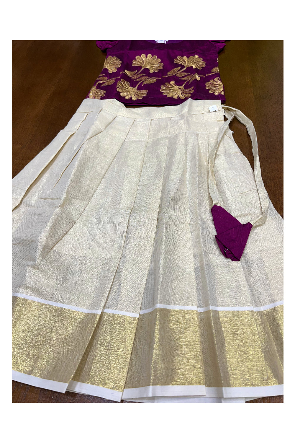 Southloom Kerala Magenta Pattupavada and Blouse with Embroidery Work (Age - 4 Year)