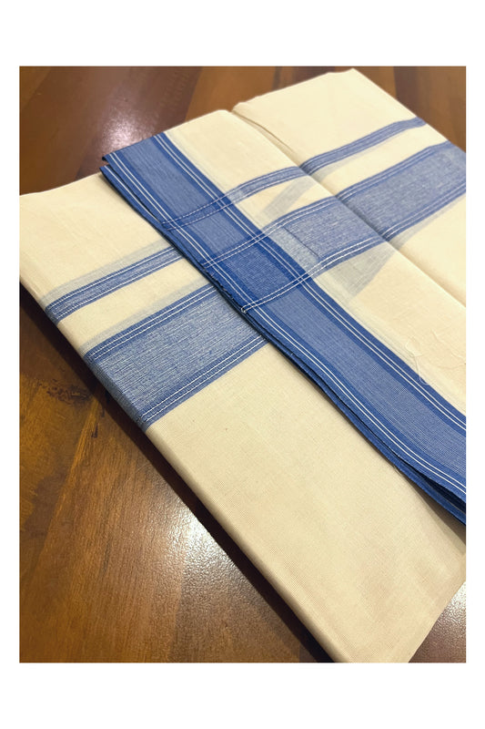 Pure Cotton 100x100 Double Mundu with Blue and Silver Kasavu Line Border (Onam Mundu 2023)