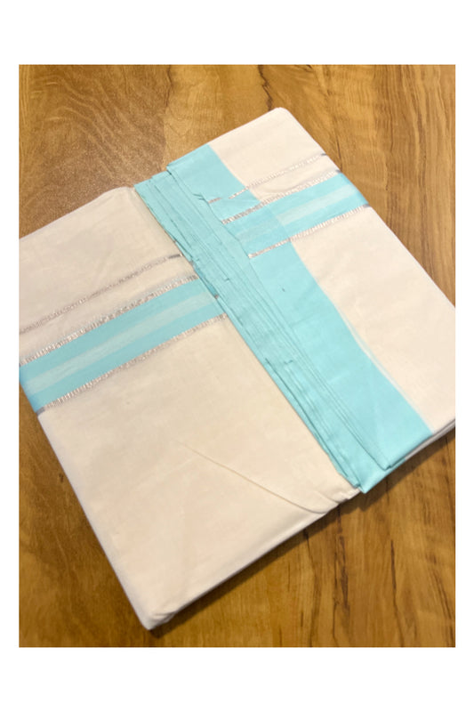 Pure Cotton Off White Double Mundu with Silver Kasavu and Blue Kara (South Indian Kerala Dhoti)