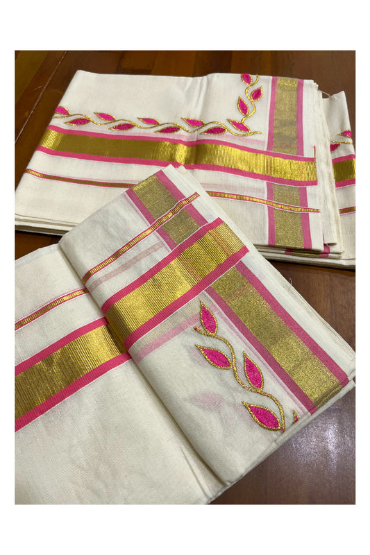 Kerala Cotton Mundum Neriyathum Single (Set Mundu) with Pink Golden Floral Embroidery Designs in Pink and Kasavu Border