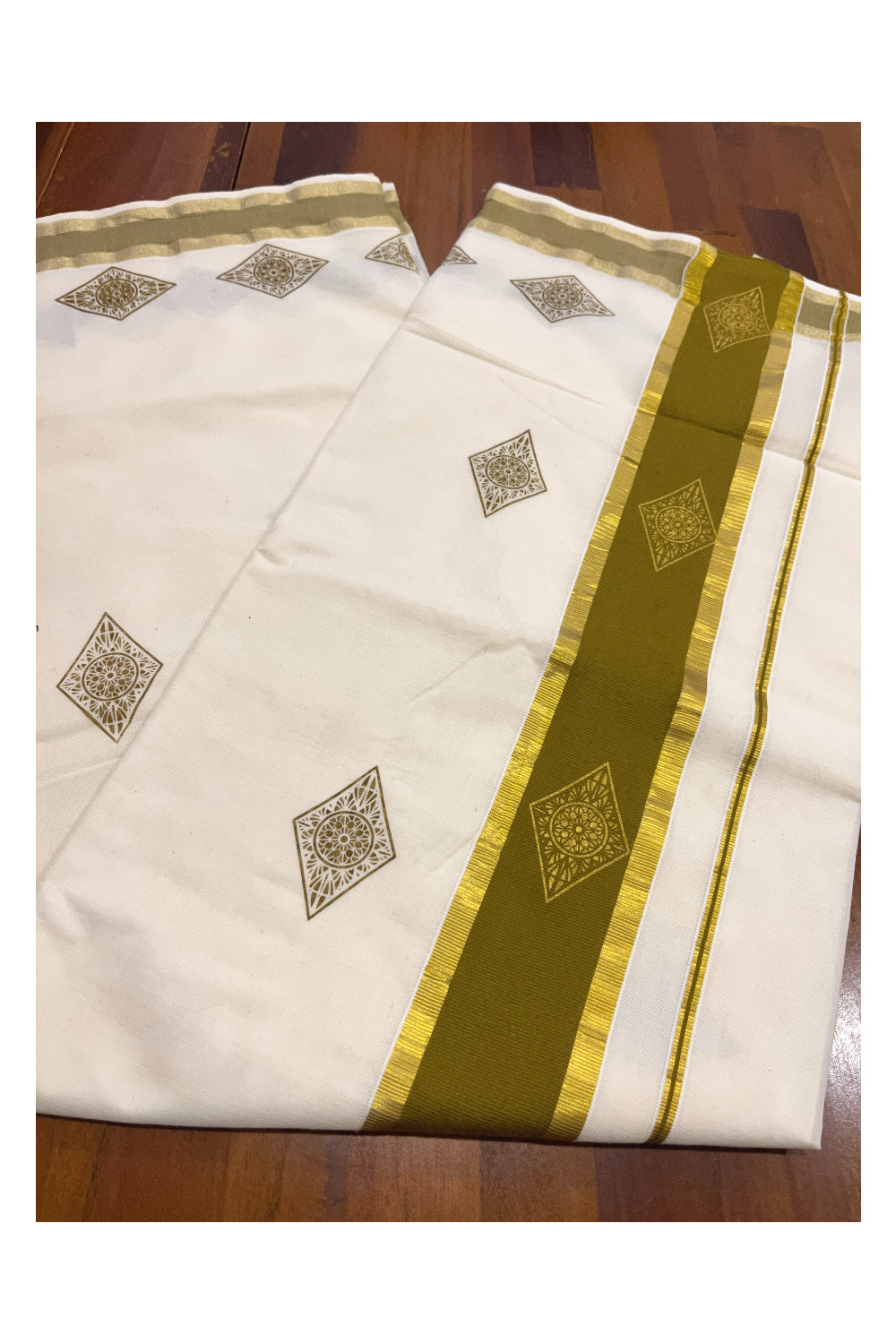 Pure Cotton Kerala Saree with Olive Green Block Prints and Kasavu Border