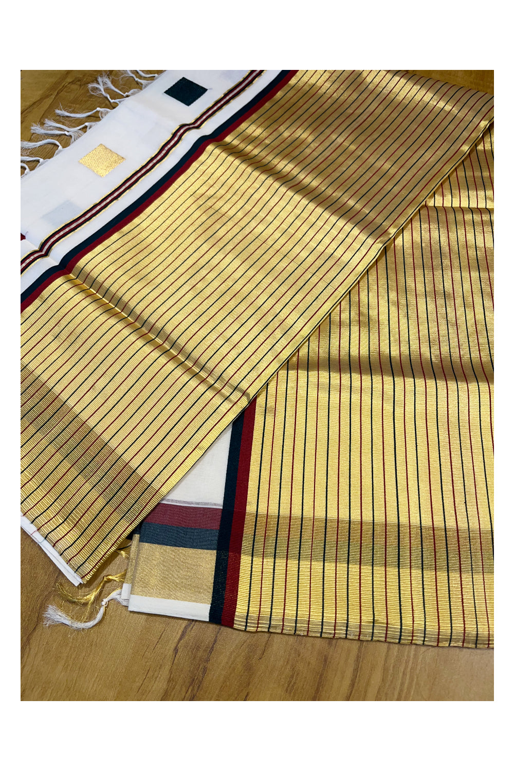 Southloom Premium Handloom Cotton Kasavu Saree with Green ,Maroon and Golden Square Woven Motifs