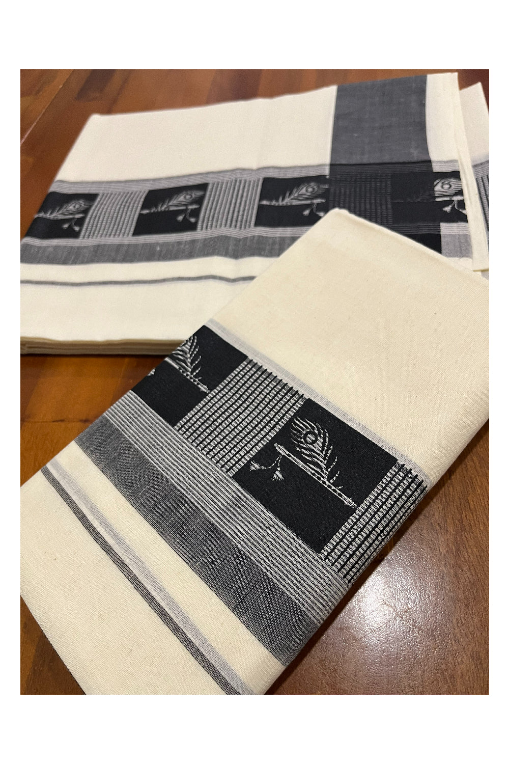 Southloom Pure Cotton Kerala Single Set Mundu with Black Feather and Flute Block Prints on Border (Onam Set Mundu 2023)