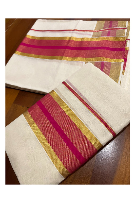 Pure Cotton Kerala Set Mundu (Mundum Neriyathum) Single with Bright Magenta and Kasavu Border 2.80 Mtrs