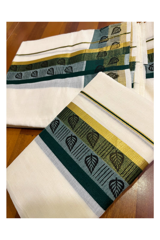 Kerala Cotton Kasavu Single Set Mundu (Mundum Neriyathum) with Green Kara and Block Prints