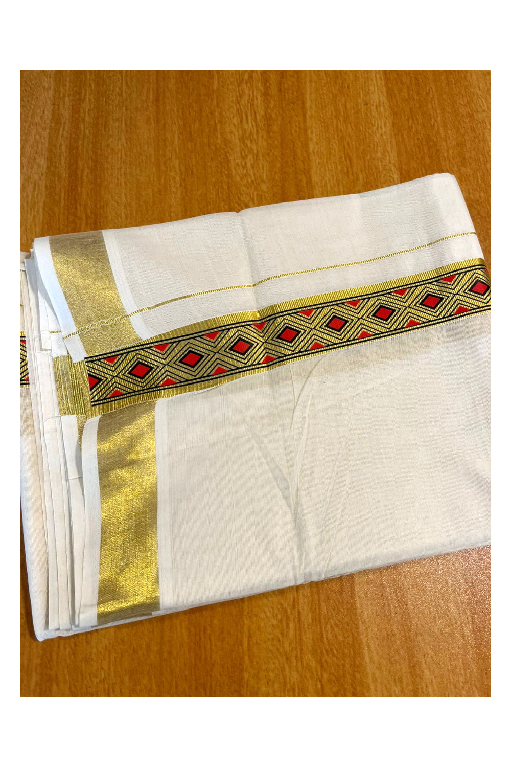 Southloom Kasavu Double Mundu with Prints on Kasavu Kara