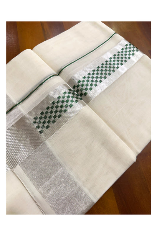 Premium Balaramapuram Handloom Unakkupaavu Cotton Double Mundu with Silver Kasavu and Green Paa Neythu Border (Onam 2024 Collection)