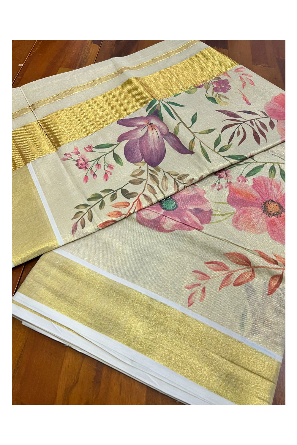 Kerala Tissue Kasavu Saree with Violet And Pink Floral Prints on Body (Vishu 2024 Collection)