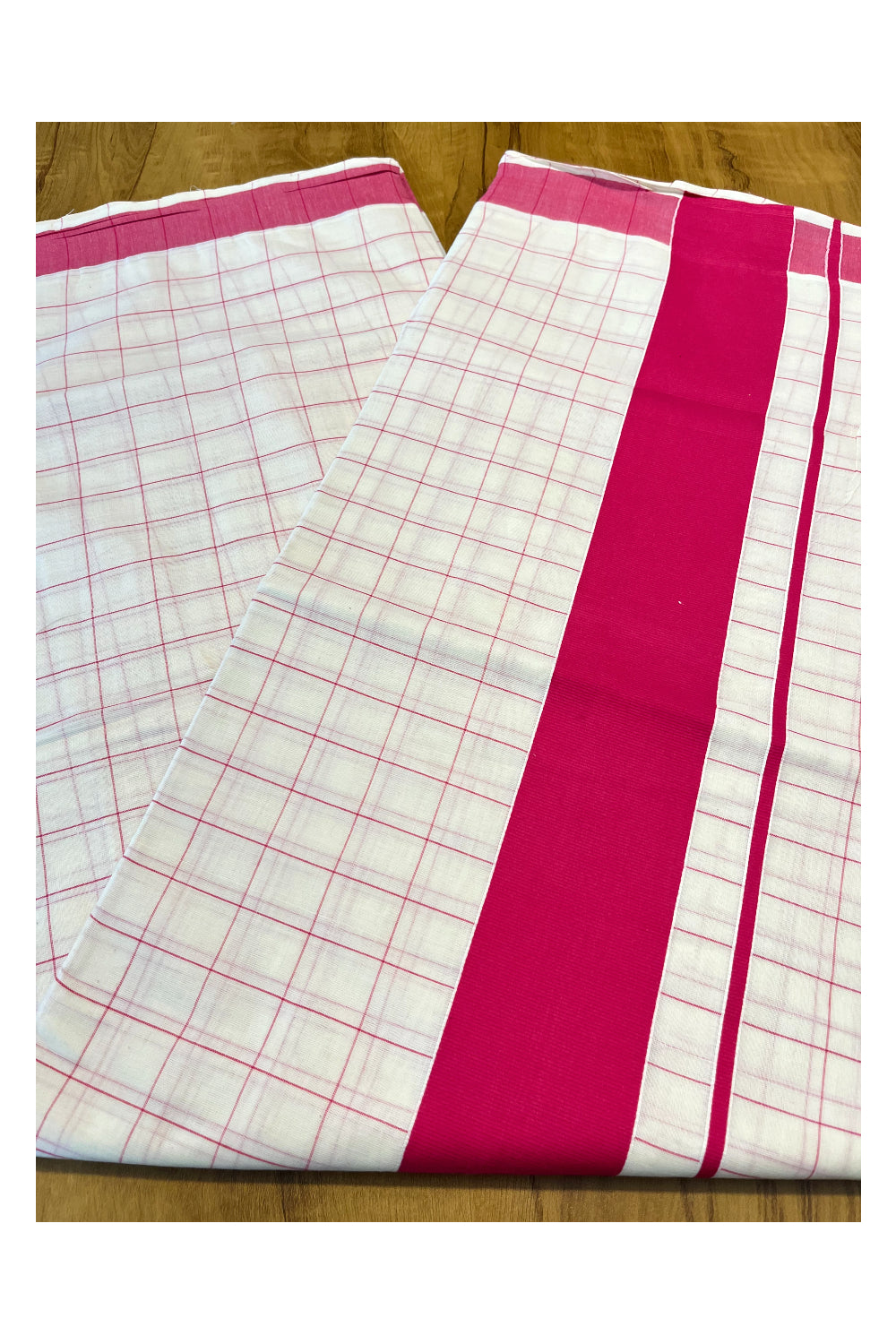 Pure Cotton Kerala Saree with Dark Pink Check Designs Across Body