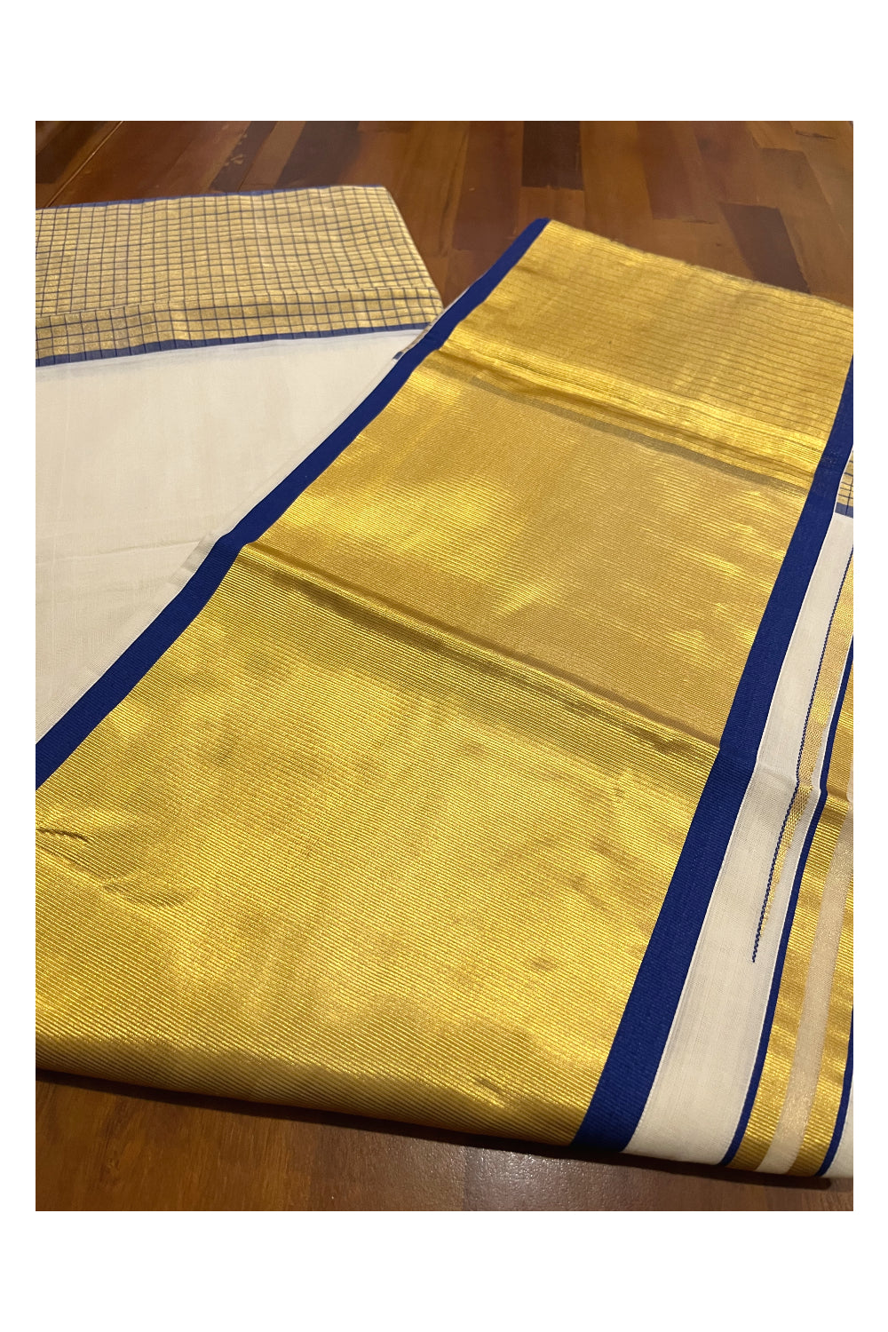 Southloom Handloom Premium Cotton Saree with Blue and Kasavu Check Design Border