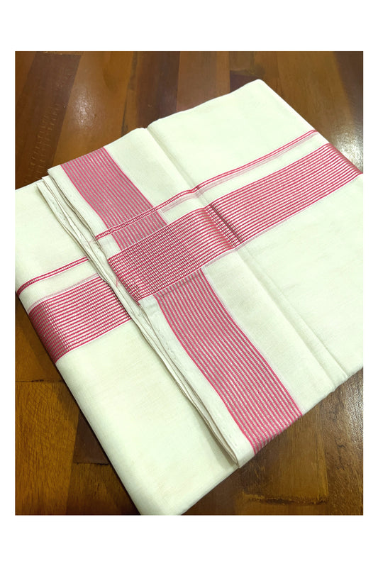 Southloom Premium Handloom Cotton Double Mundu with Silver Kasavu and Pink Lines Border (South Indian Kerala Dhoti)