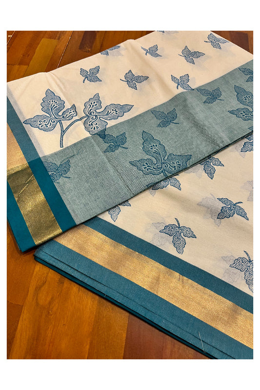 Pure Cotton Kerala Saree with Teal Heavy Woven Leaf Designs and Kasavu Border (Vishu 2024 Collection)