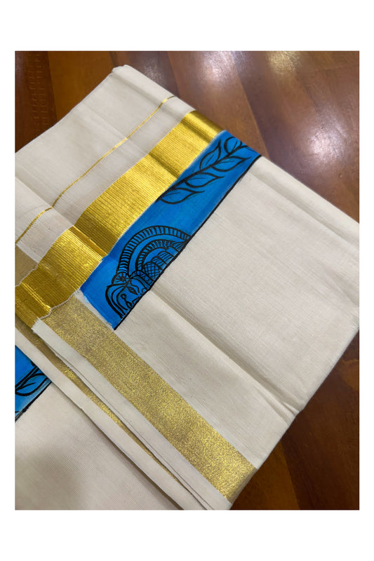 Kerala Pure Cotton Double Mundu with Hand Painted Designs on Kasavu Border(South Indian Kerala Dhoti)