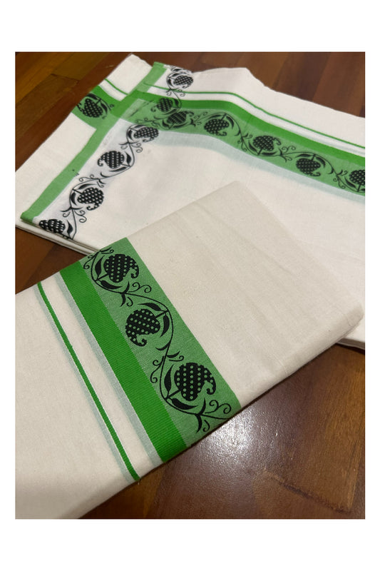 Kerala Cotton Set Mundu (Mundum Neriyathum) with Block Prints on Green Border