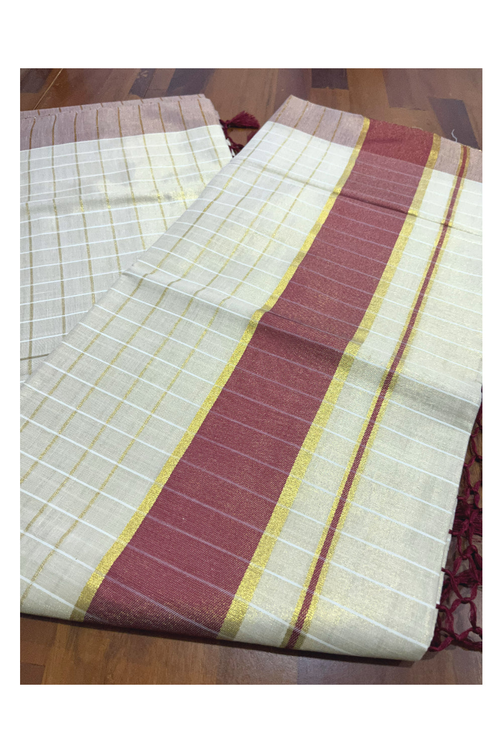 Kerala Tissue Kasavu Check Design Saree with Maroon Border and Tassels on Pallu (Onam Saree 2023)