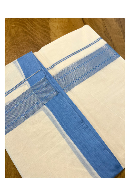 Pure Cotton Off White Double Mundu with Silver Kasavu and Blue Kara (South Indian Kerala Dhoti)