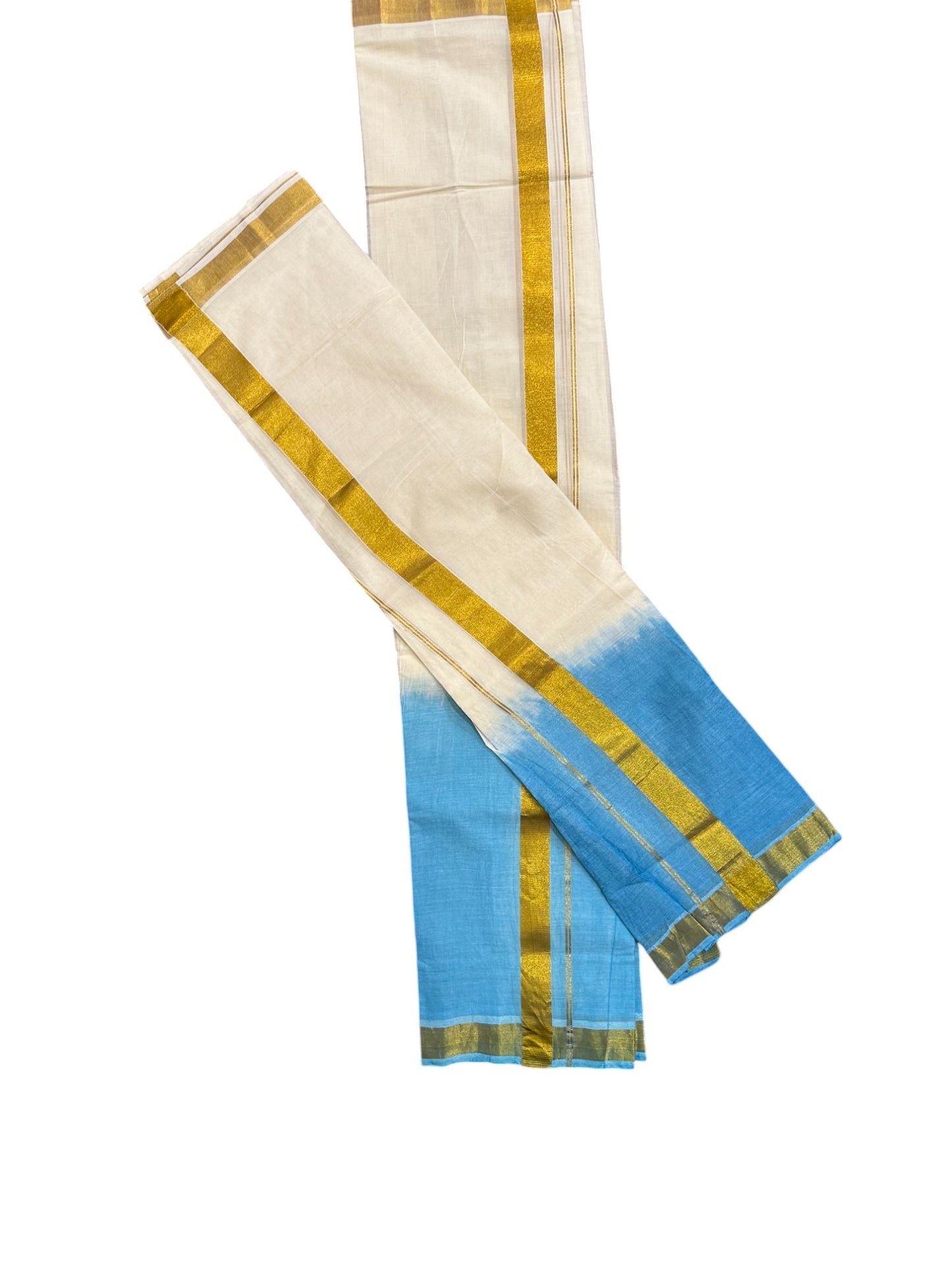 Southloom Tie & Dye - Half & Half  Multi Colour Blue Design Set Mundu (Mundum Neriyathum) in 2.80 m Neriyathu (Extra Length)