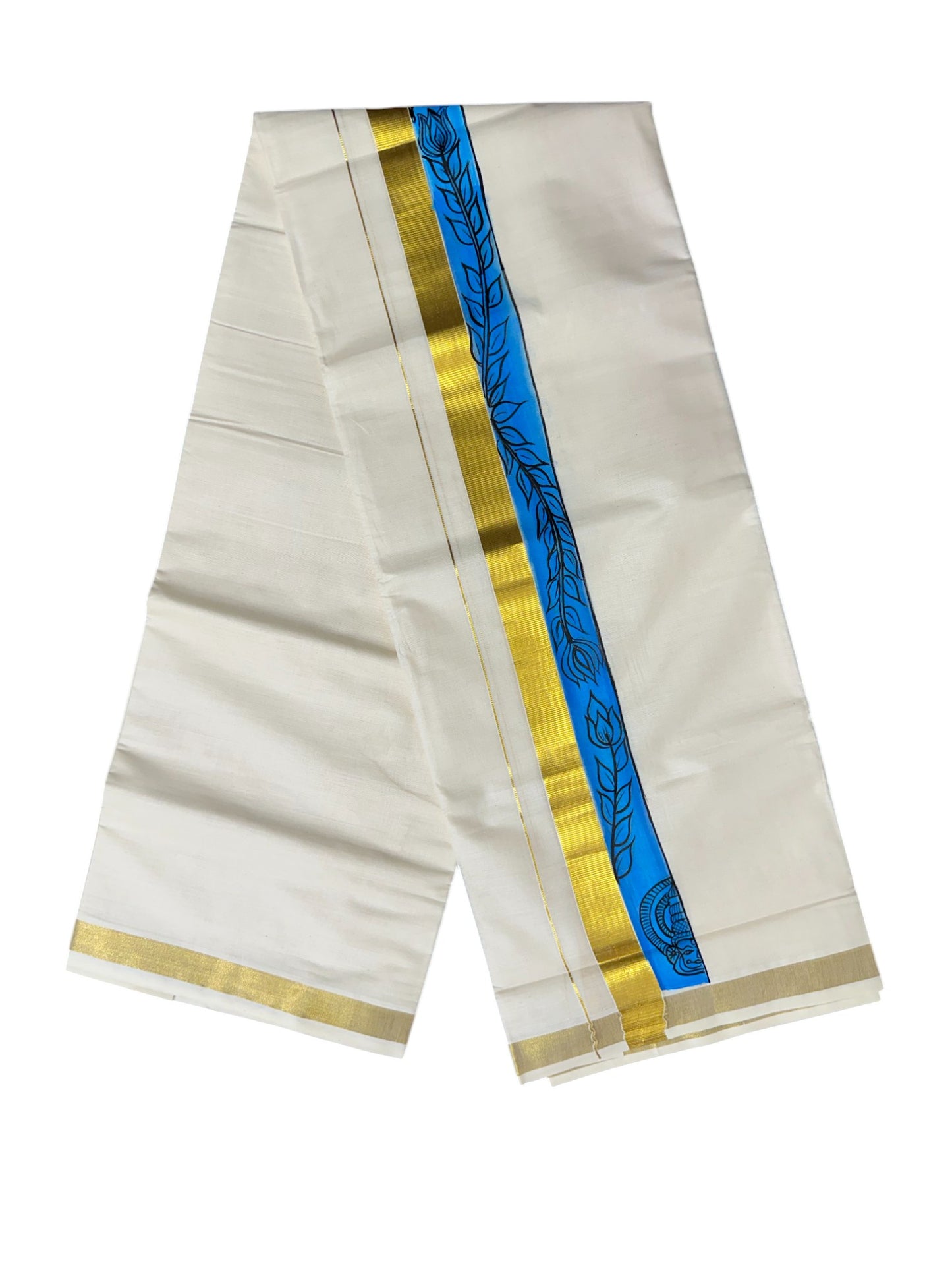 Kerala Pure Cotton Double Mundu with Hand Painted Designs on Kasavu Border(South Indian Kerala Dhoti)