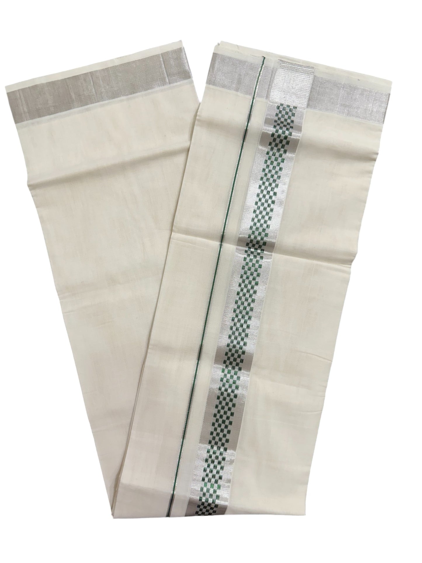 Premium Balaramapuram Handloom Unakkupaavu Cotton Double Mundu with Silver Kasavu and Green Paa Neythu Border (Onam 2024 Collection)