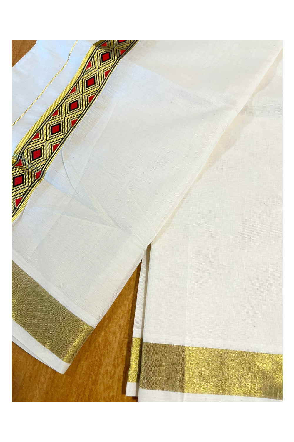 Southloom Kasavu Double Mundu with Prints on Kasavu Kara