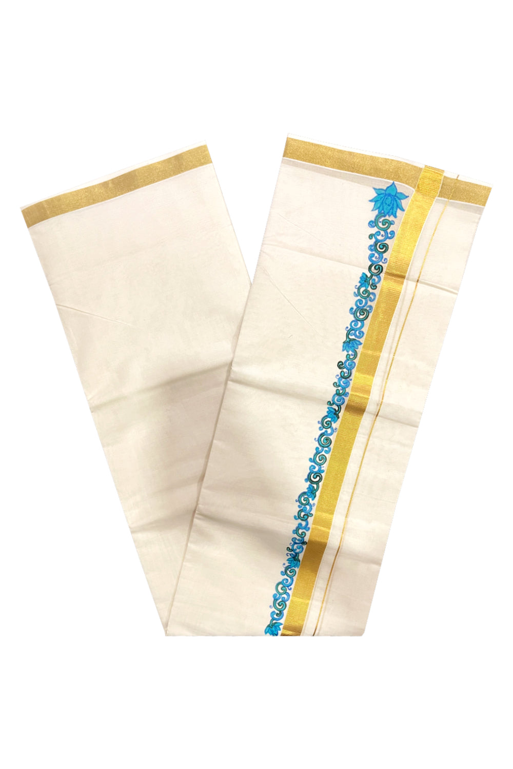 Kerala Pure Cotton Double Mundu with Blue Floral Mural Painted Design on Kasavu Border (South Indian Kerala Dhoti)