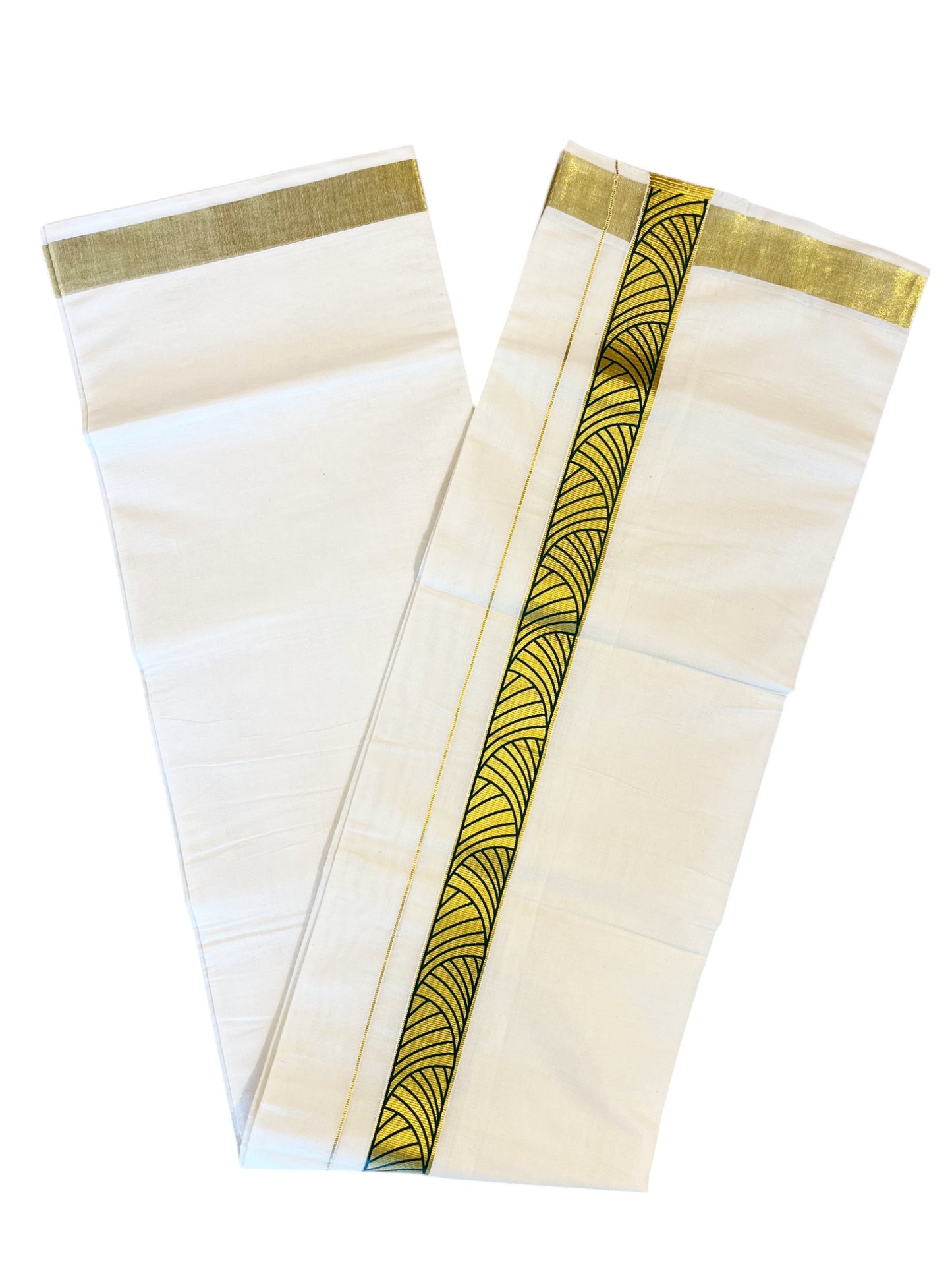 Pure Cotton Off White Double Mundu with Green Block Prints on Kasavu Kara (South Indian Dhoti)