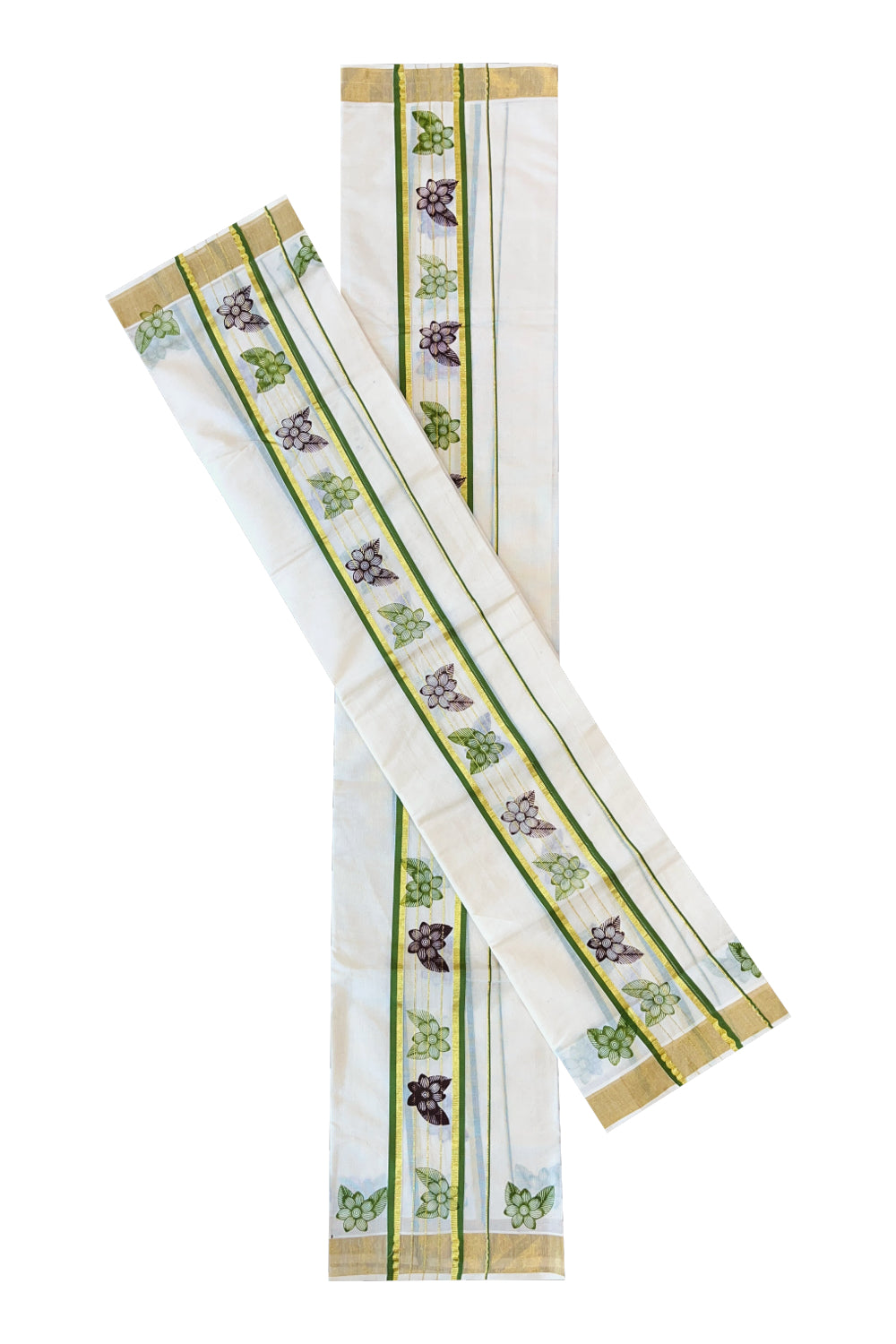 Cotton Single Set Mundu (Mundu Neriyathum) with Floral Block Prints on Green and Kasavu Border