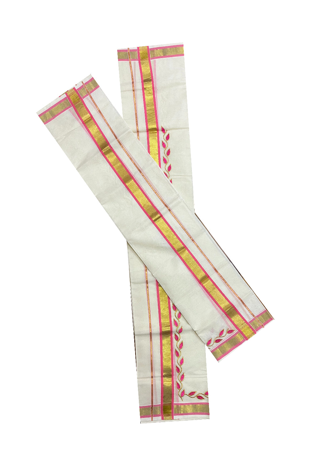 Kerala Cotton Mundum Neriyathum Single (Set Mundu) with Pink Golden Floral Embroidery Designs in Pink and Kasavu Border