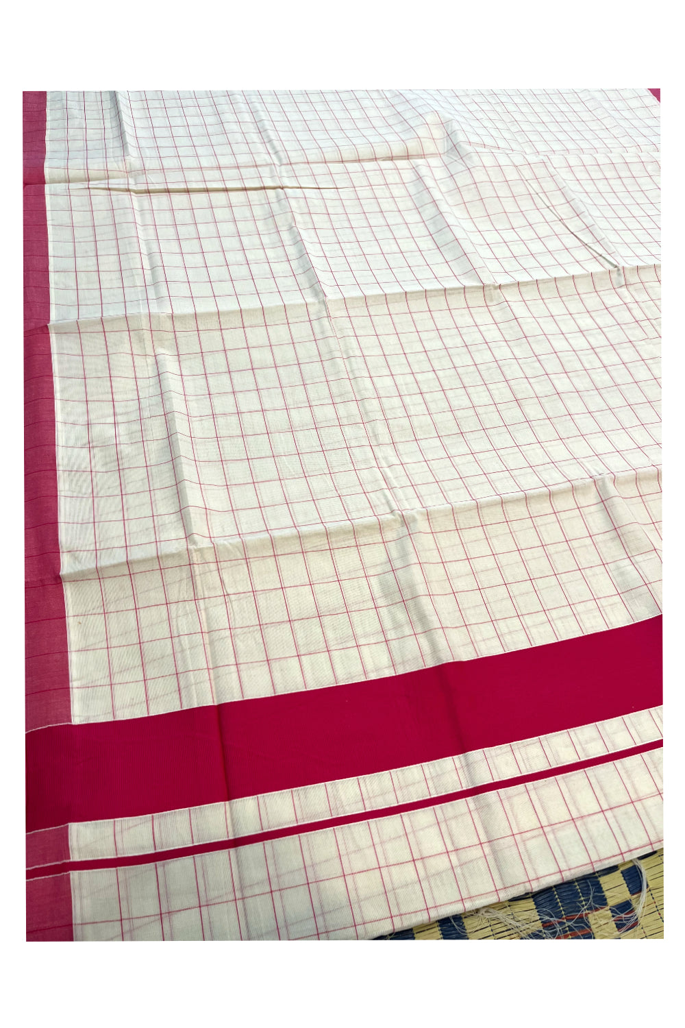 Pure Cotton Kerala Saree with Dark Pink Check Designs Across Body