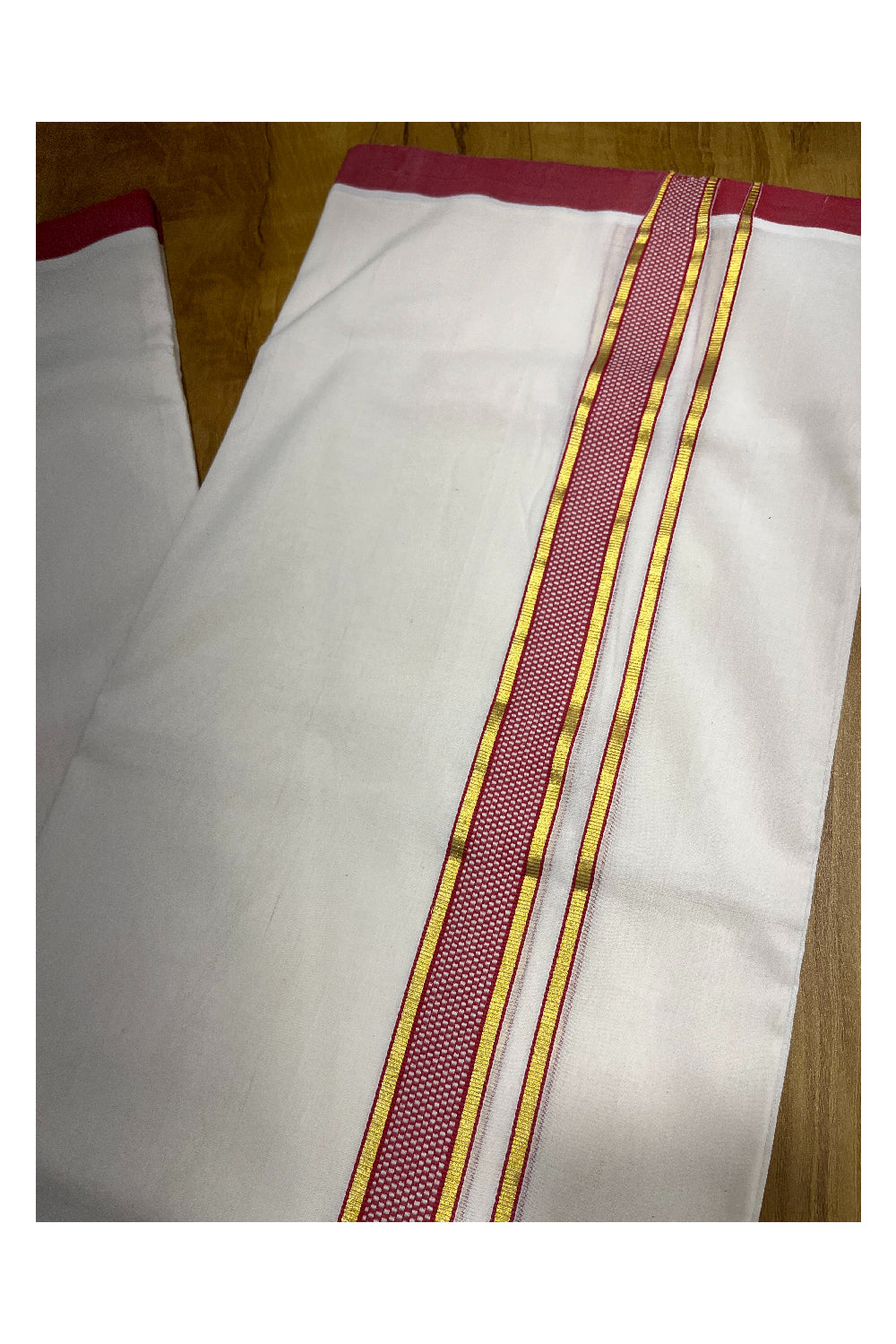 Premium Balaramapuram Handloom Unakkupaavu 1 inch Double Mundu with Kasavu and Maroon Kara