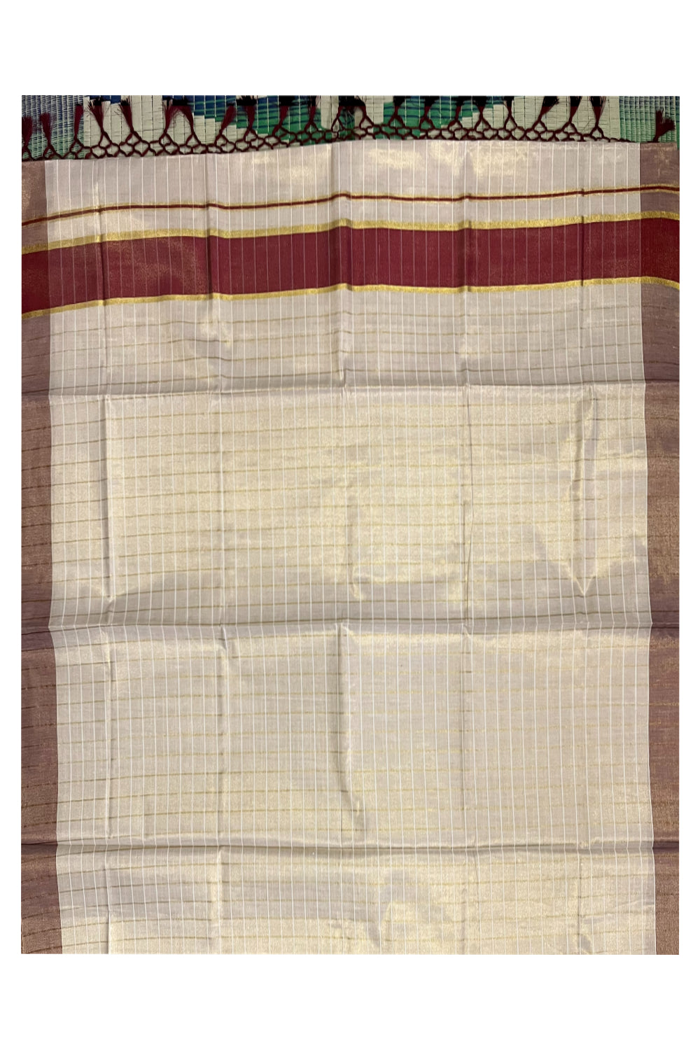 Kerala Tissue Kasavu Check Design Saree with Maroon Border and Tassels on Pallu (Onam Saree 2023)