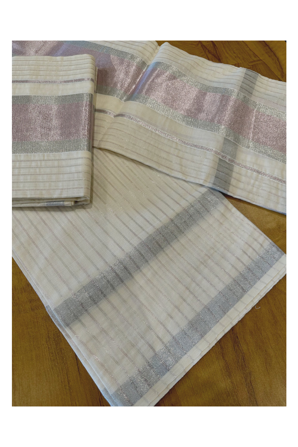 Kerala Cotton Set Mundu (Mundum Neriyathum) with Silver and Pink Kasavu Lines on Body 2.80 Mtrs (Onam Set Mundu 2023)