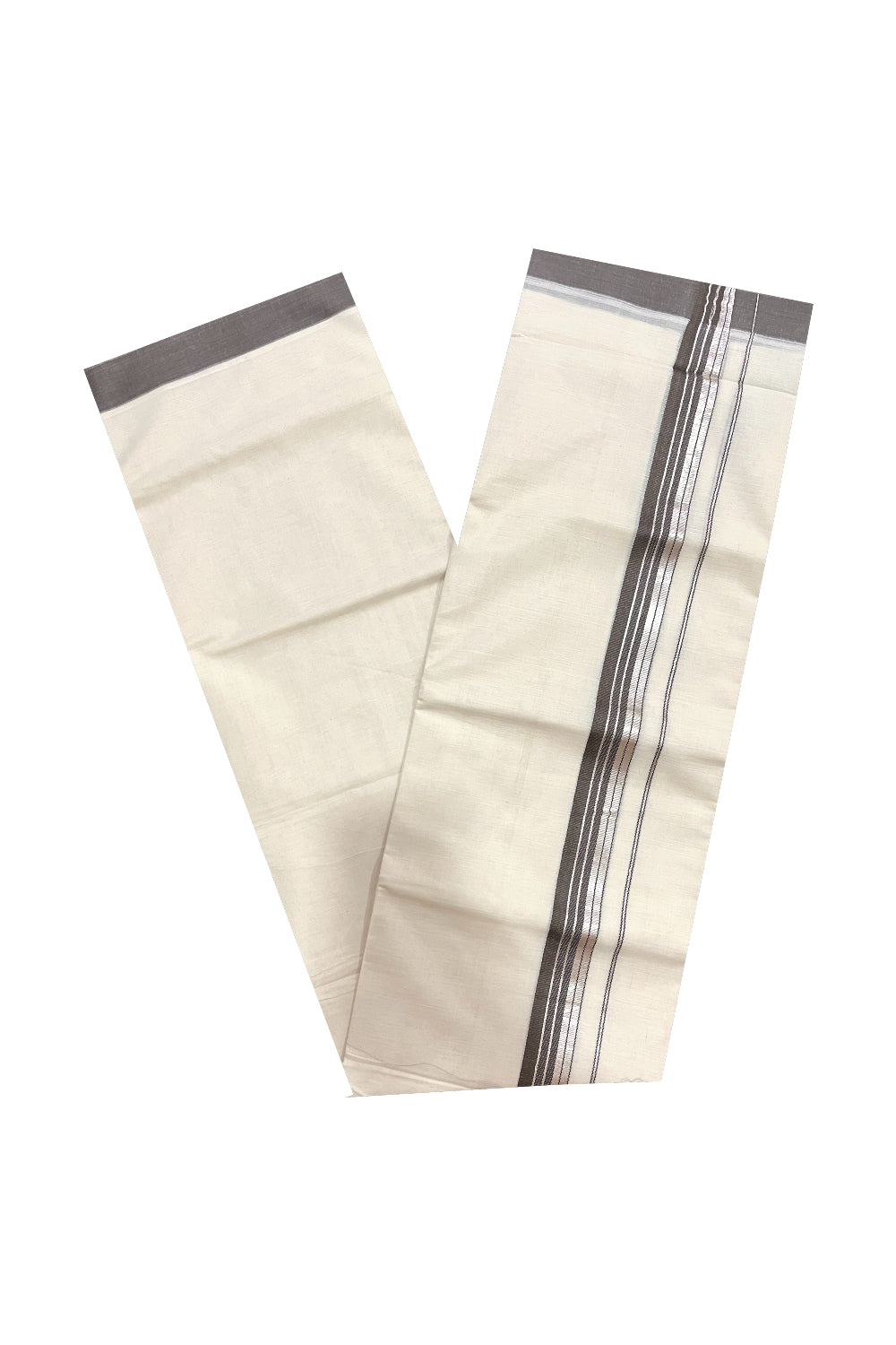 Pure Cotton 100x100 Double Mundu with Silver Kasavu and Brown Border (Onam Mundu 2023)