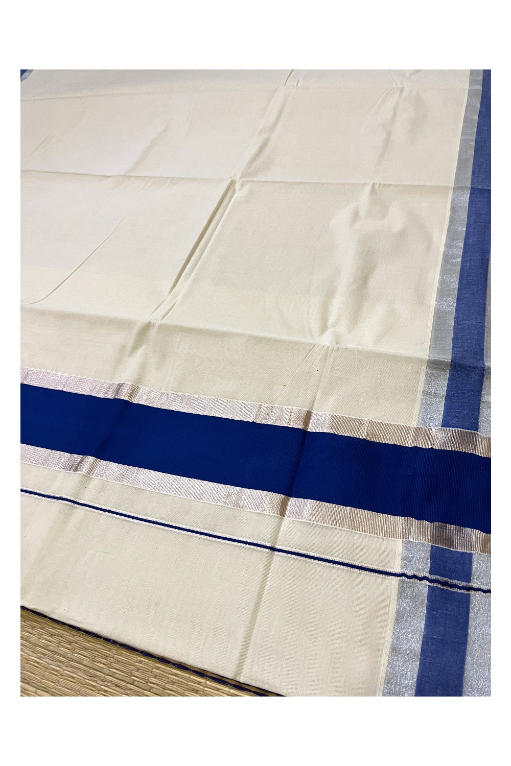 Pure Cotton Kerala Saree with Blue and Silver Kasavu Border (Onam 2023 Saree)