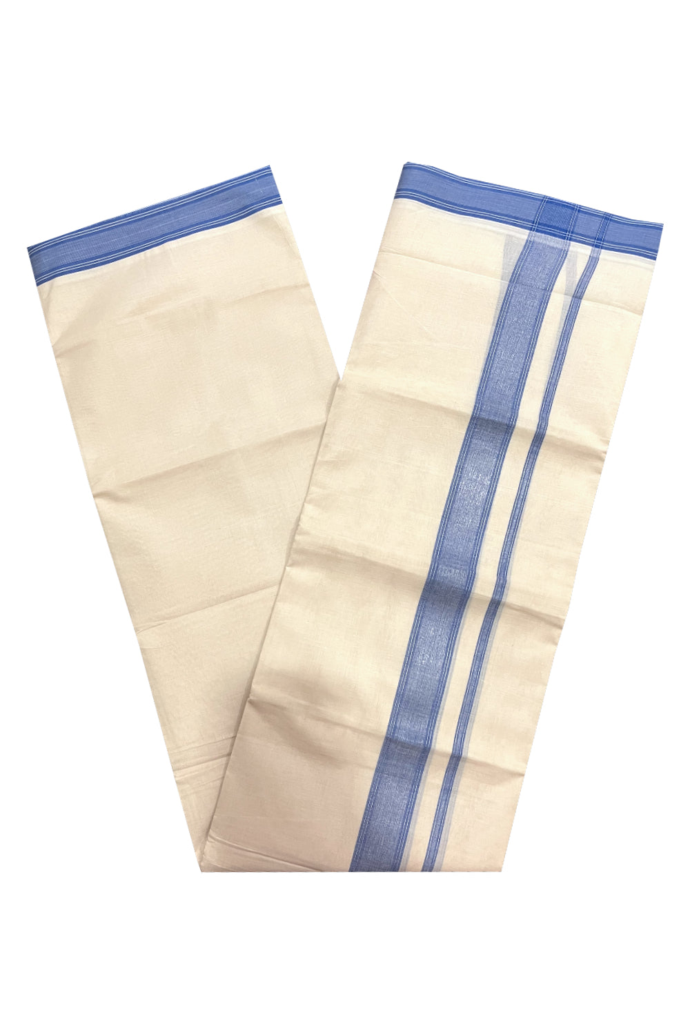 Pure Cotton 100x100 Double Mundu with Blue and Silver Kasavu Line Border (Onam Mundu 2023)