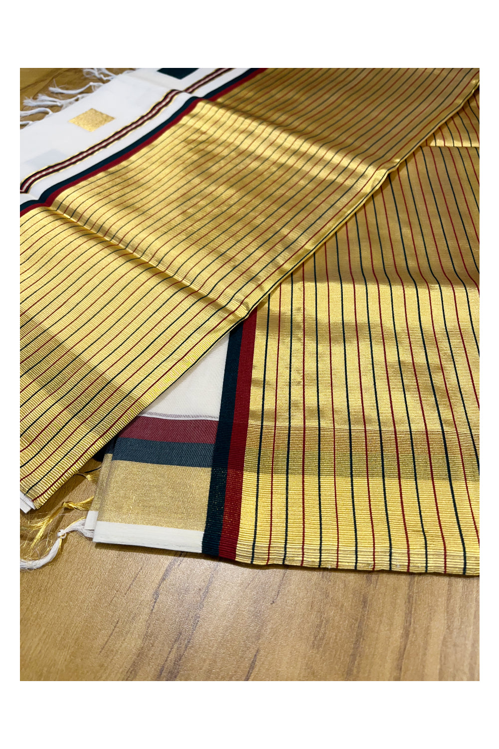 Southloom Premium Handloom Cotton Kasavu Saree with Green ,Maroon and Golden Square Woven Motifs