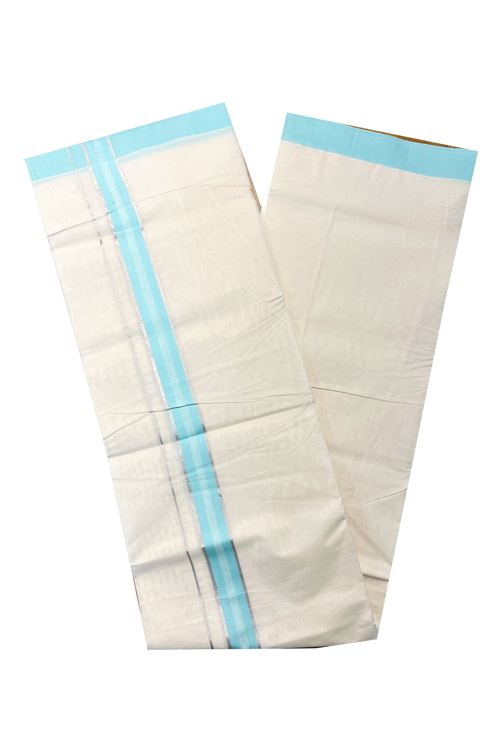 Pure Cotton Off White Double Mundu with Silver Kasavu and Blue Kara (South Indian Kerala Dhoti)