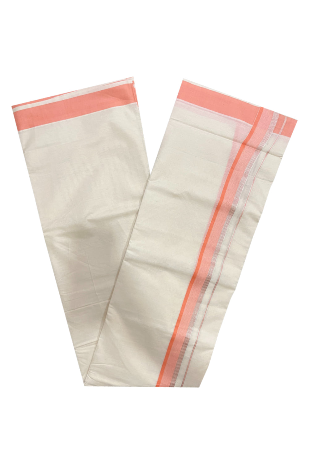 Pure Cotton Kerala Double Mundu with Peach and Silver Kasavu Kara (South Indian Kerala Dhoti)