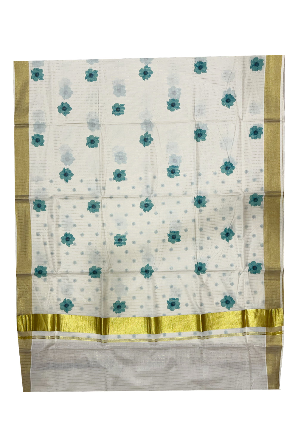 Southloom Onam Special Kasavu Lines Saree with Digital Printed Classy Floral Designs in Turquiose (Printed Matching Blouse Included)