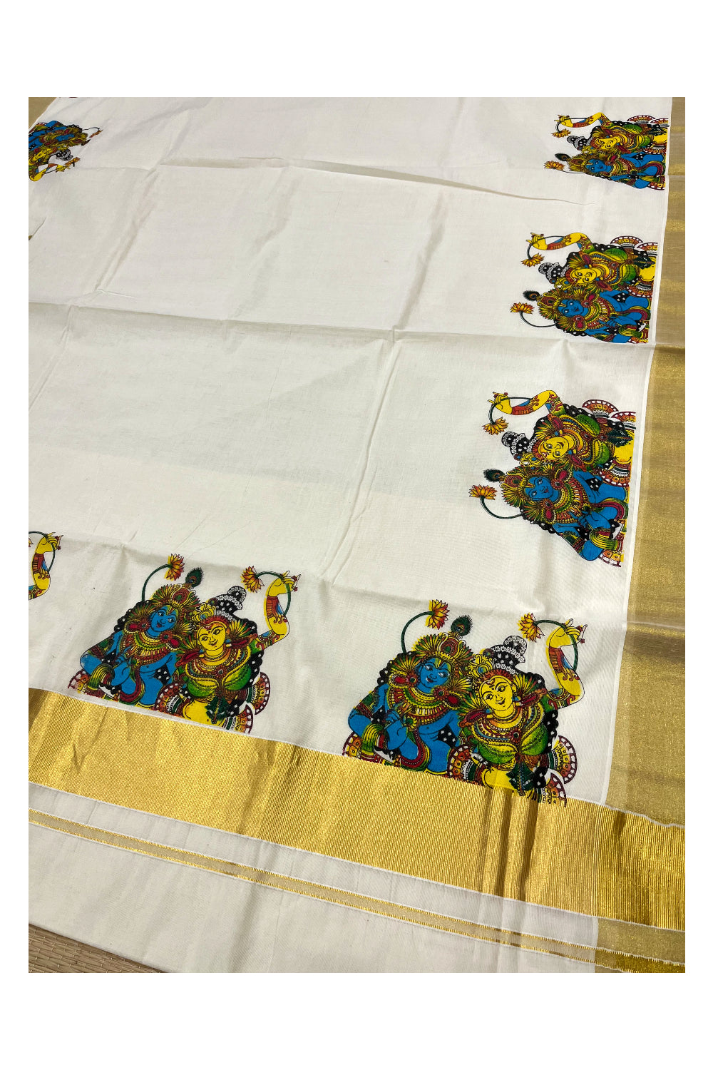 Pure Cotton Kerala Kasavu Saree with Krishna Radha Mural Prints on Border